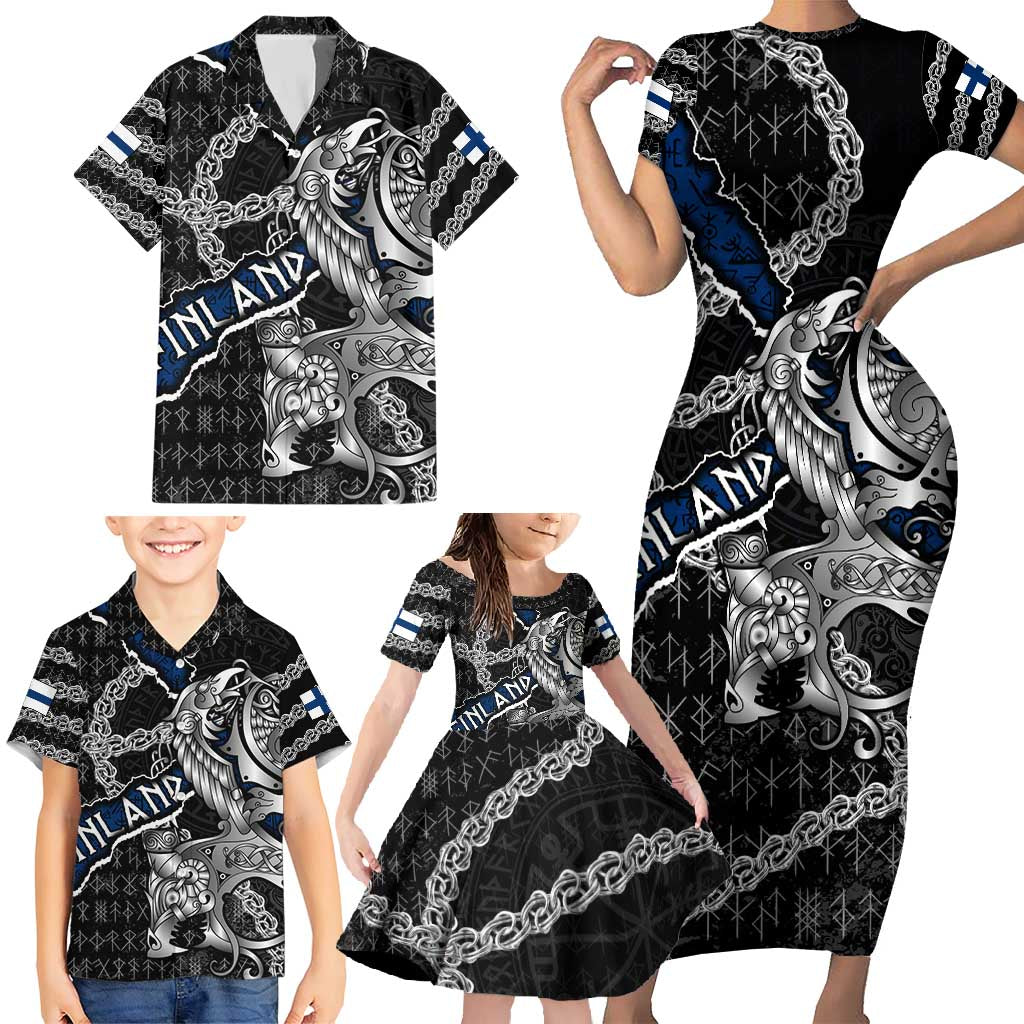 Personalized Finland Vikings Family Matching Short Sleeve Bodycon Dress and Hawaiian Shirt Nordic Lion Bound in Runes and Chains