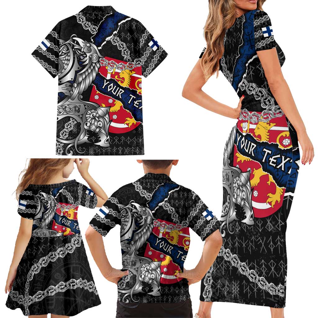 Personalized Finland Vikings Family Matching Short Sleeve Bodycon Dress and Hawaiian Shirt Nordic Lion Bound in Runes and Chains