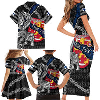 Personalized Finland Vikings Family Matching Short Sleeve Bodycon Dress and Hawaiian Shirt Nordic Lion Bound in Runes and Chains