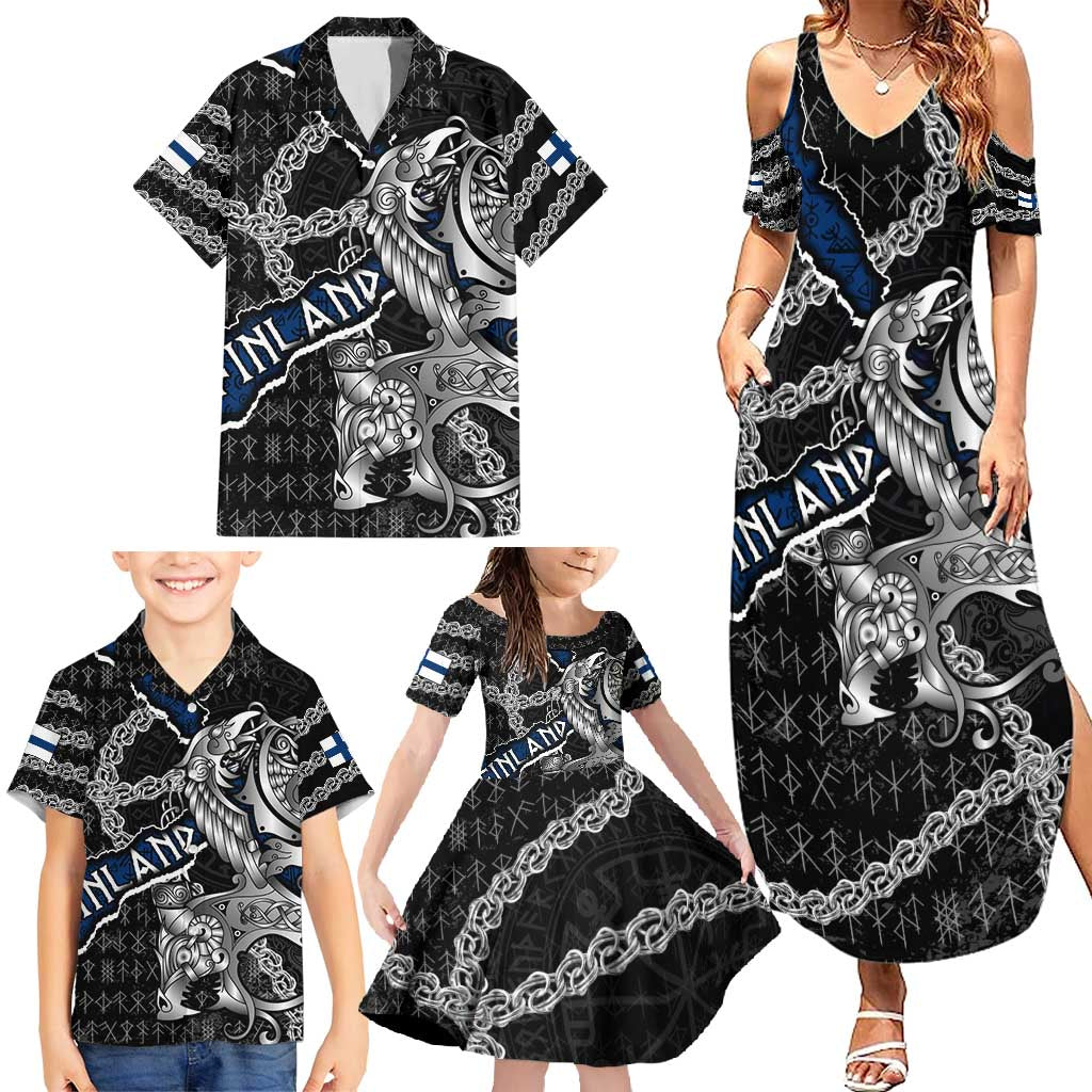 Personalized Finland Vikings Family Matching Summer Maxi Dress and Hawaiian Shirt Nordic Lion Bound in Runes and Chains