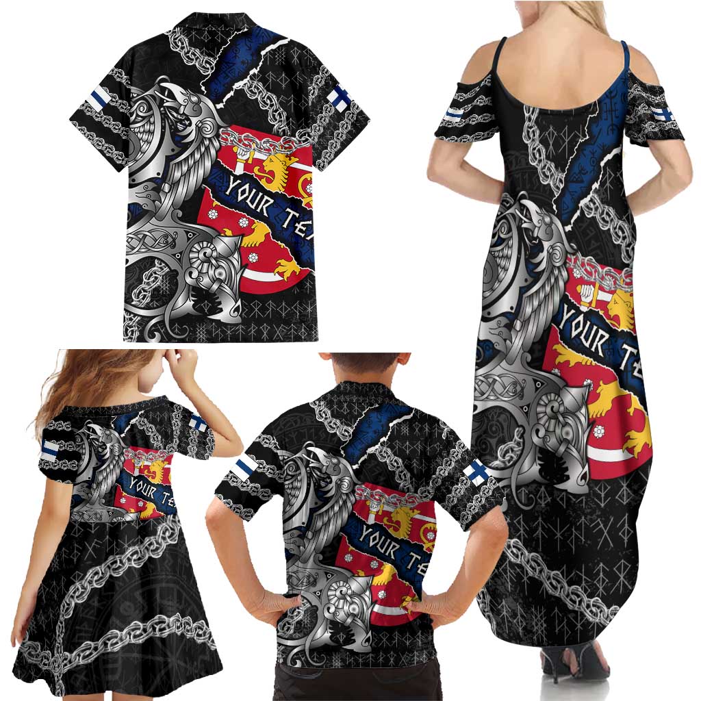 Personalized Finland Vikings Family Matching Summer Maxi Dress and Hawaiian Shirt Nordic Lion Bound in Runes and Chains