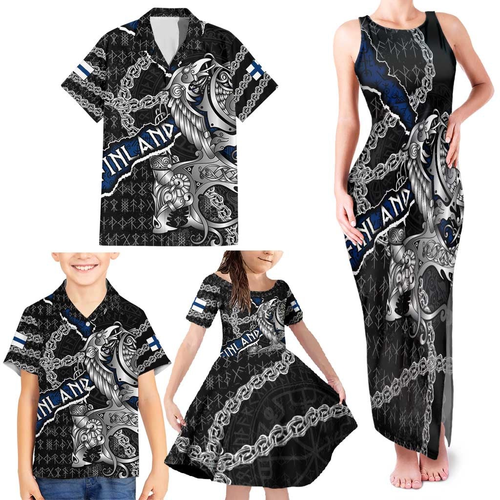 Personalized Finland Vikings Family Matching Tank Maxi Dress and Hawaiian Shirt Nordic Lion Bound in Runes and Chains