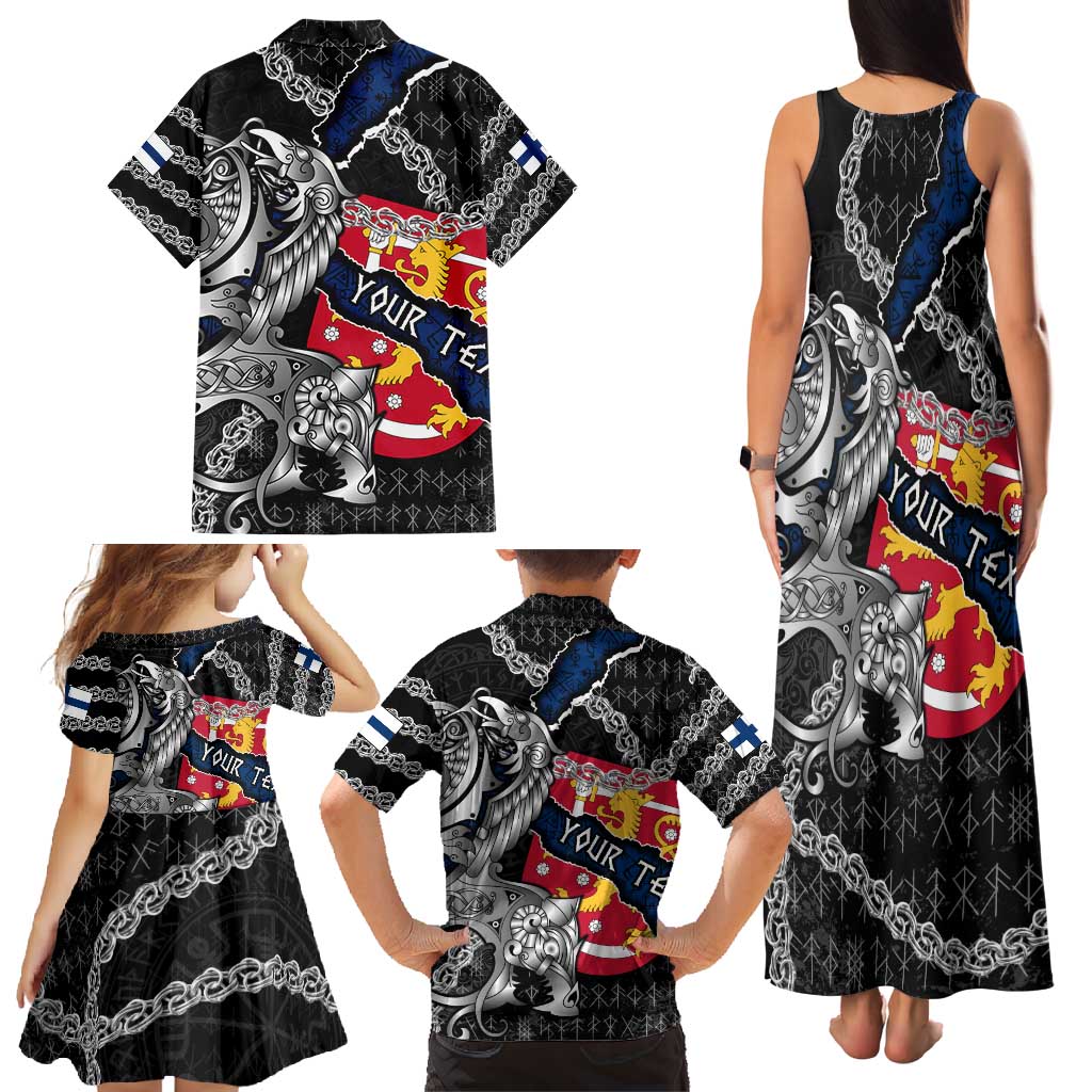 Personalized Finland Vikings Family Matching Tank Maxi Dress and Hawaiian Shirt Nordic Lion Bound in Runes and Chains