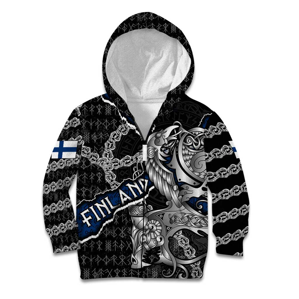 Personalized Finland Vikings Kid Hoodie Nordic Lion Bound in Runes and Chains