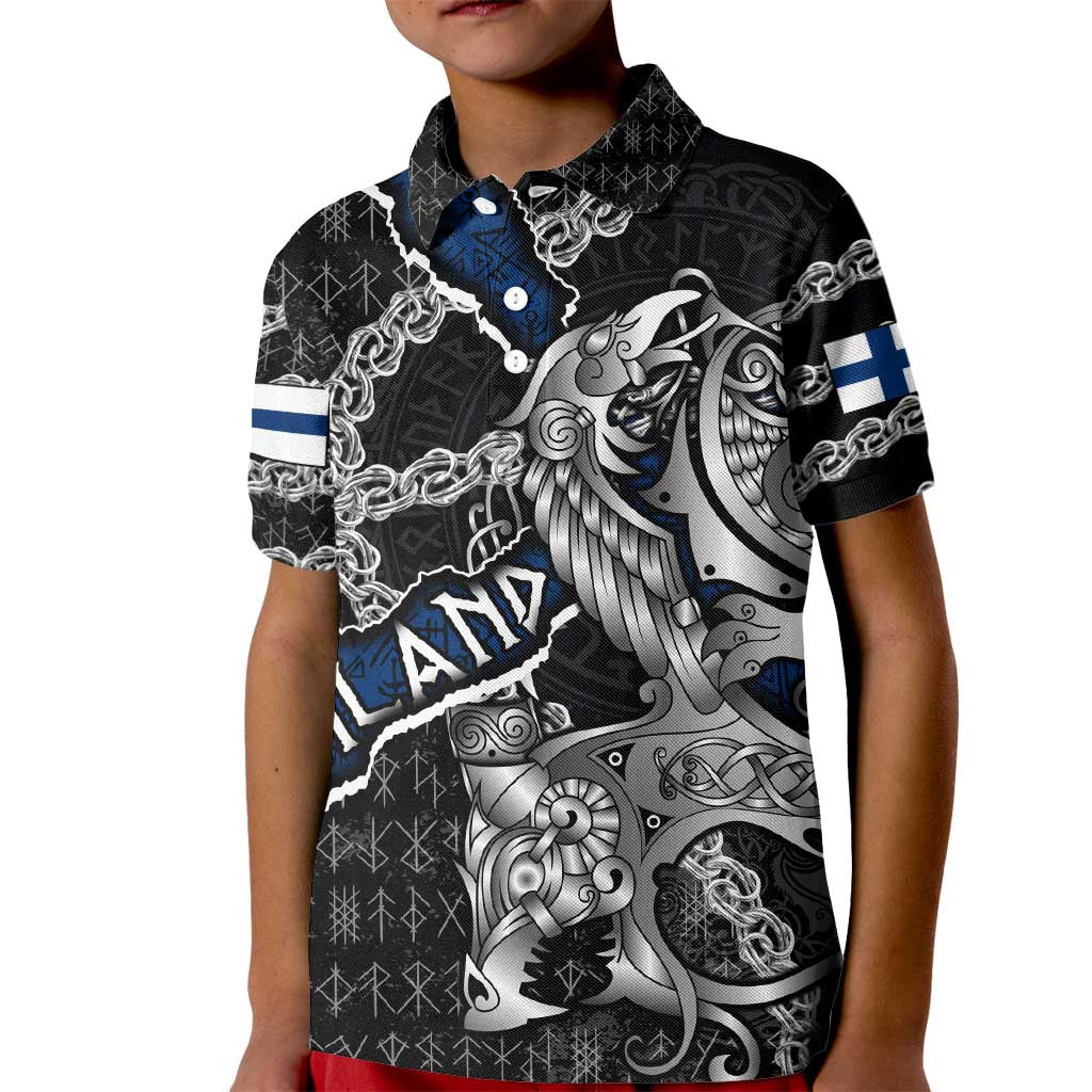 Personalized Finland Vikings Kid Polo Shirt Nordic Lion Bound in Runes and Chains