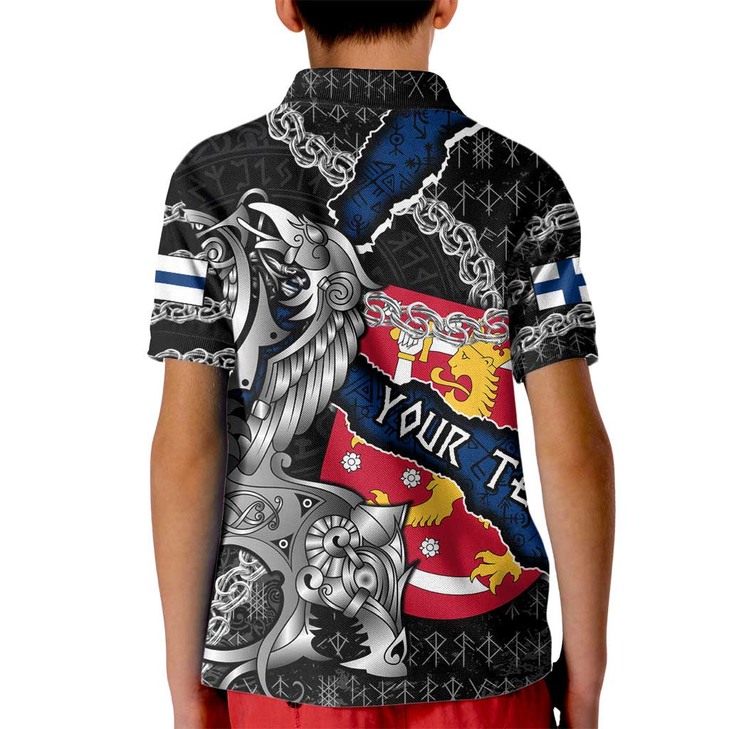 Personalized Finland Vikings Kid Polo Shirt Nordic Lion Bound in Runes and Chains