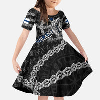Personalized Finland Vikings Kid Short Sleeve Dress Nordic Lion Bound in Runes and Chains
