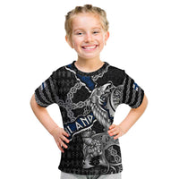 Personalized Finland Vikings Kid T Shirt Nordic Lion Bound in Runes and Chains