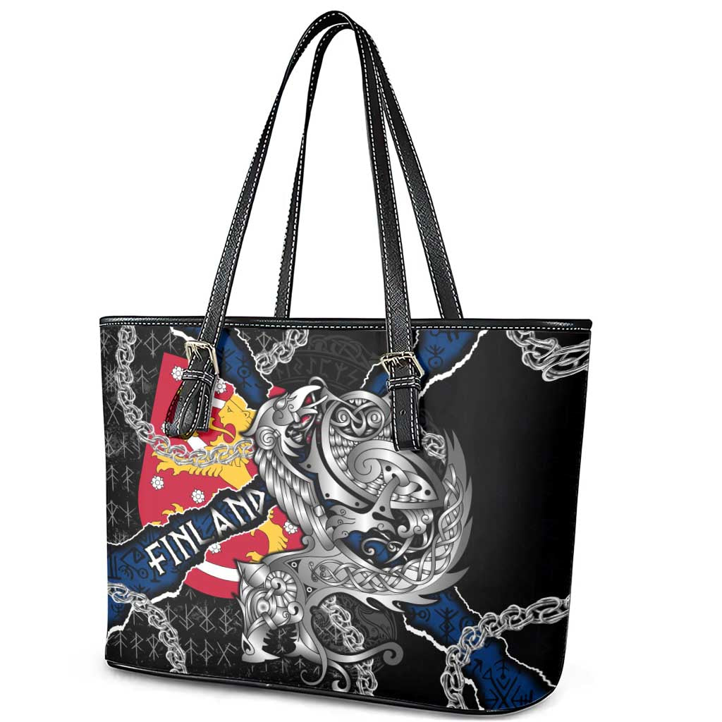 Finland Vikings Leather Tote Bag Nordic Lion Bound in Runes and Chains
