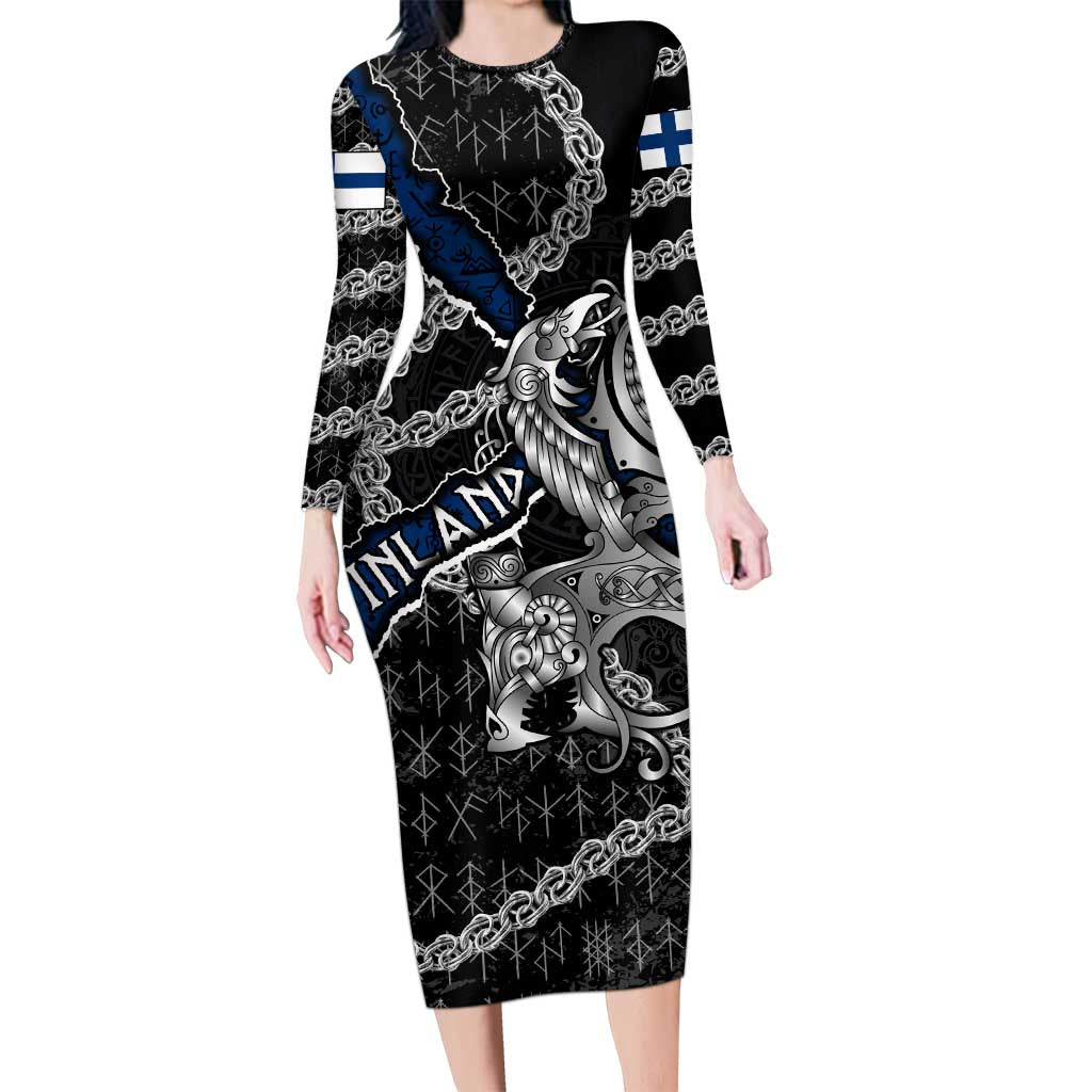 Personalized Finland Vikings Long Sleeve Bodycon Dress Nordic Lion Bound in Runes and Chains