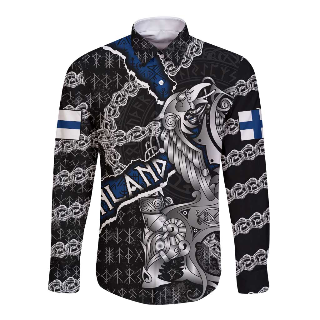 Personalized Finland Vikings Long Sleeve Button Shirt Nordic Lion Bound in Runes and Chains