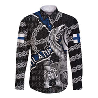 Personalized Finland Vikings Long Sleeve Button Shirt Nordic Lion Bound in Runes and Chains