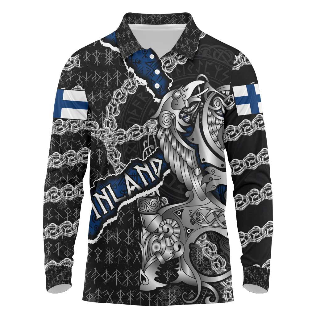 Personalized Finland Vikings Long Sleeve Polo Shirt Nordic Lion Bound in Runes and Chains