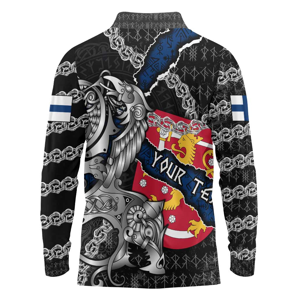 Personalized Finland Vikings Long Sleeve Polo Shirt Nordic Lion Bound in Runes and Chains