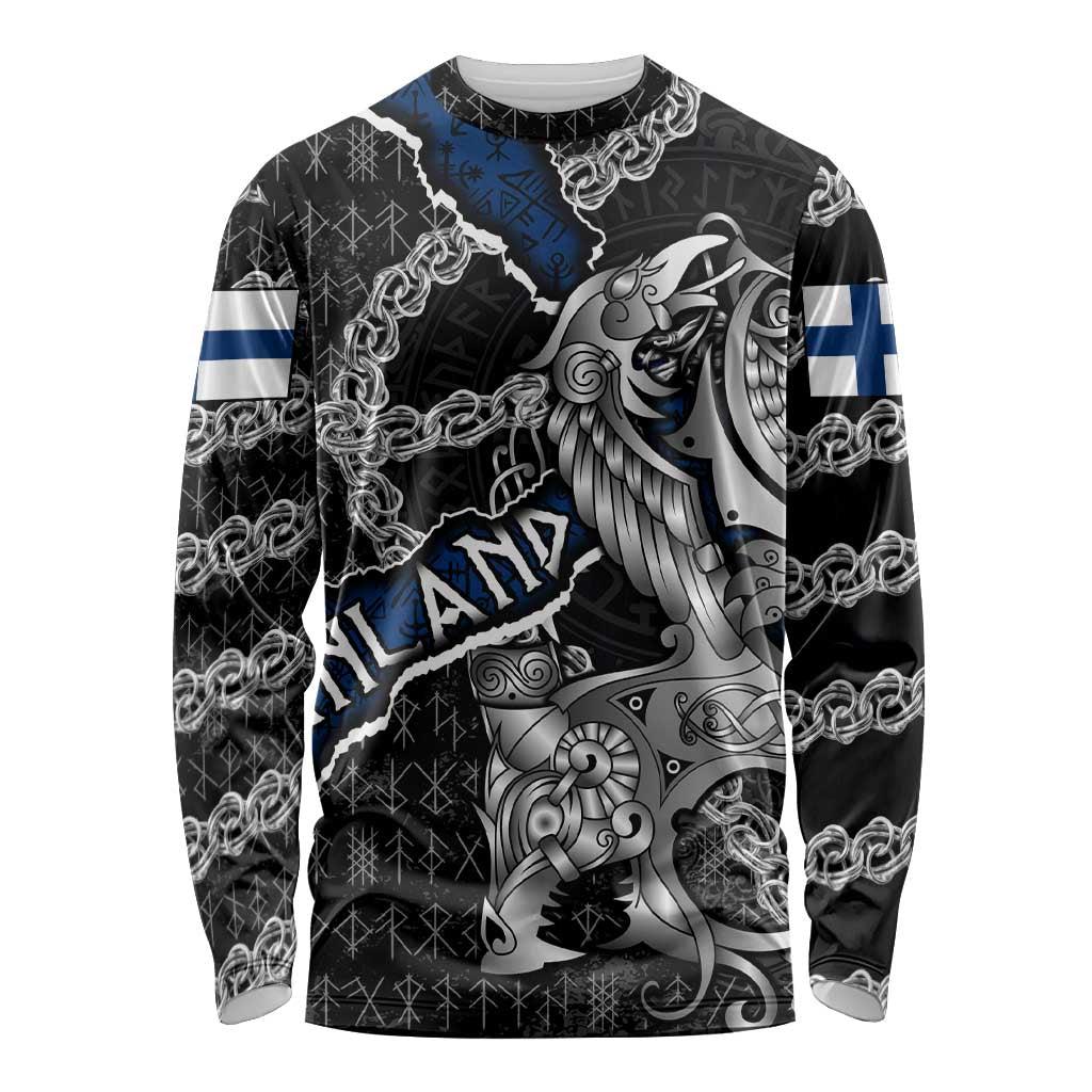 Personalized Finland Vikings Long Sleeve Shirt Nordic Lion Bound in Runes and Chains