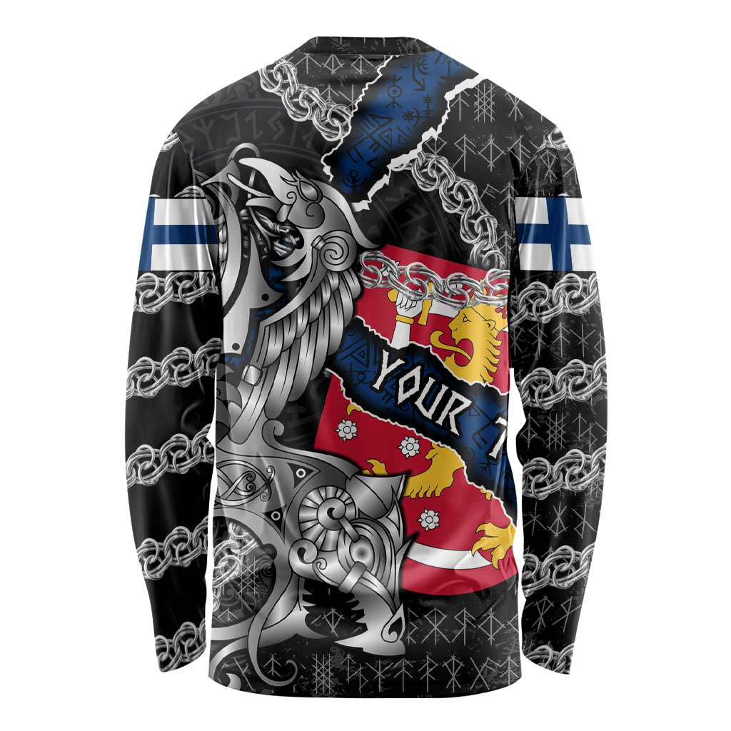 Personalized Finland Vikings Long Sleeve Shirt Nordic Lion Bound in Runes and Chains