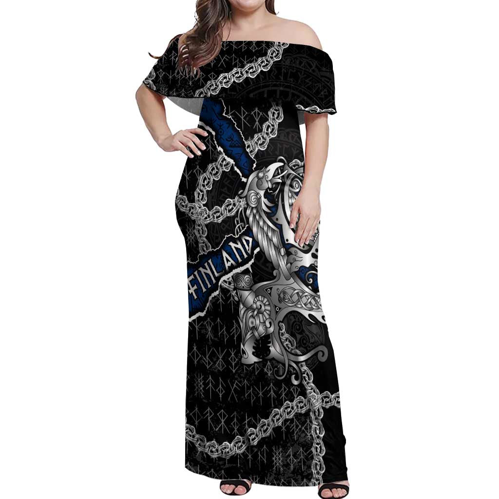 Personalized Finland Vikings Off Shoulder Maxi Dress Nordic Lion Bound in Runes and Chains