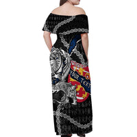 Personalized Finland Vikings Off Shoulder Maxi Dress Nordic Lion Bound in Runes and Chains