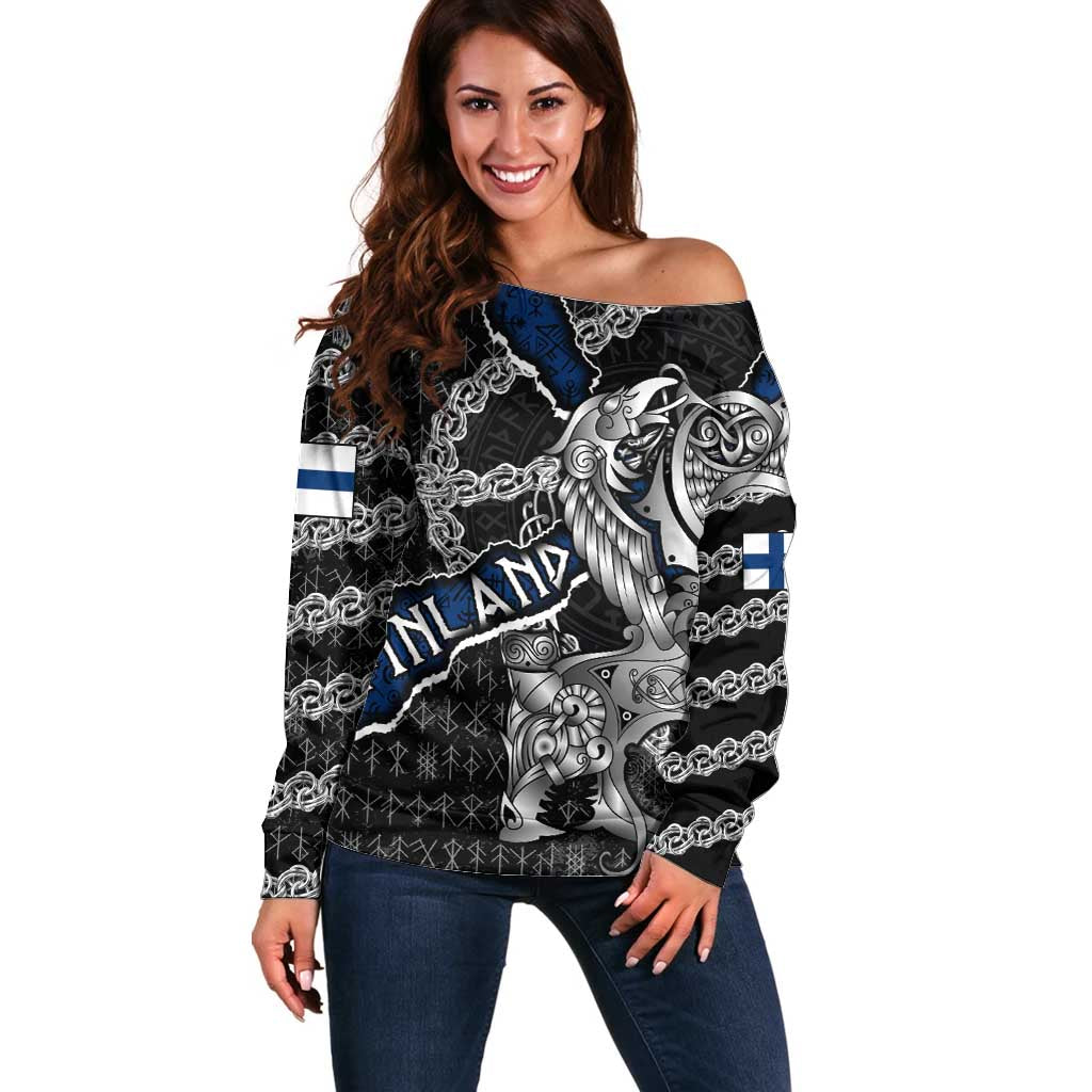 Personalized Finland Vikings Off Shoulder Sweater Nordic Lion Bound in Runes and Chains