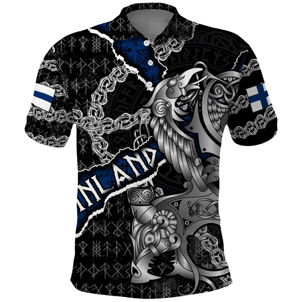Personalized Finland Vikings Polo Shirt Nordic Lion Bound in Runes and Chains