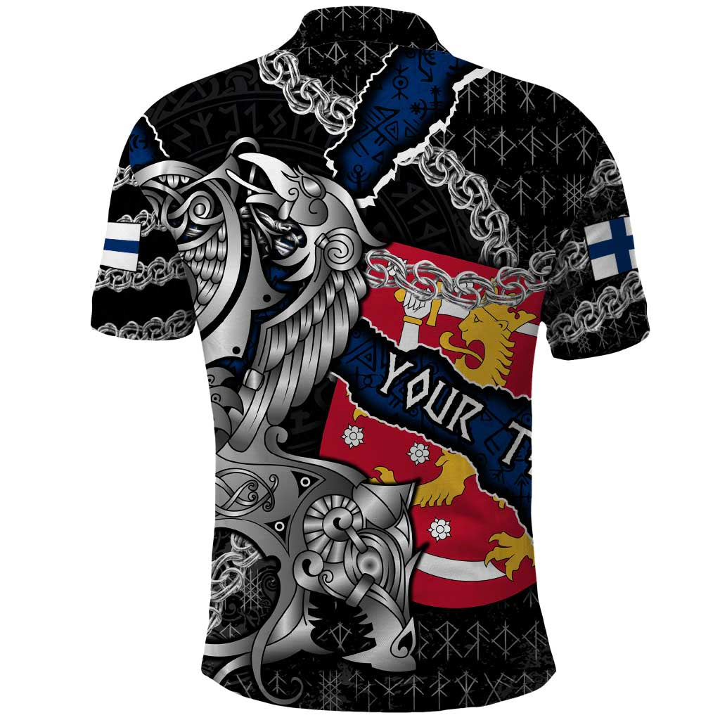 Personalized Finland Vikings Polo Shirt Nordic Lion Bound in Runes and Chains