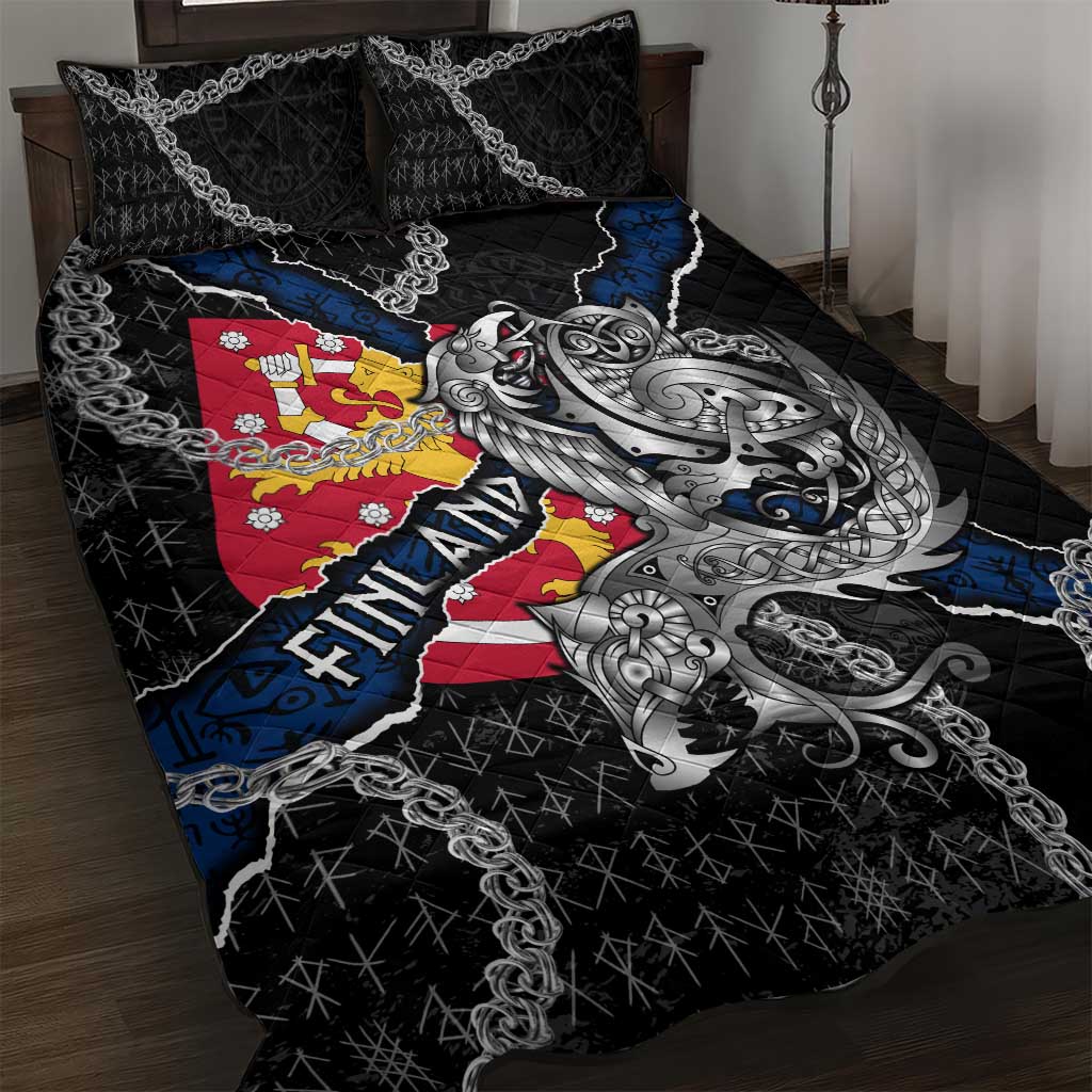 Finland Vikings Quilt Bed Set Nordic Lion Bound in Runes and Chains