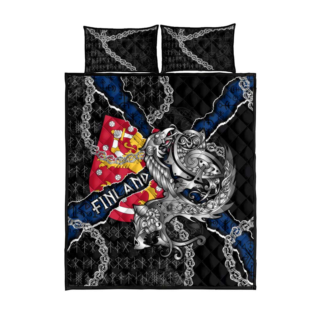 Finland Vikings Quilt Bed Set Nordic Lion Bound in Runes and Chains