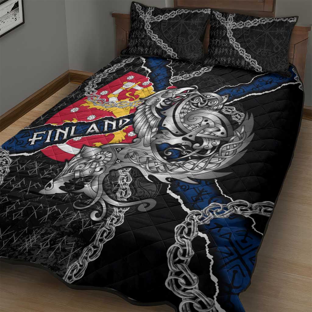 Finland Vikings Quilt Bed Set Nordic Lion Bound in Runes and Chains