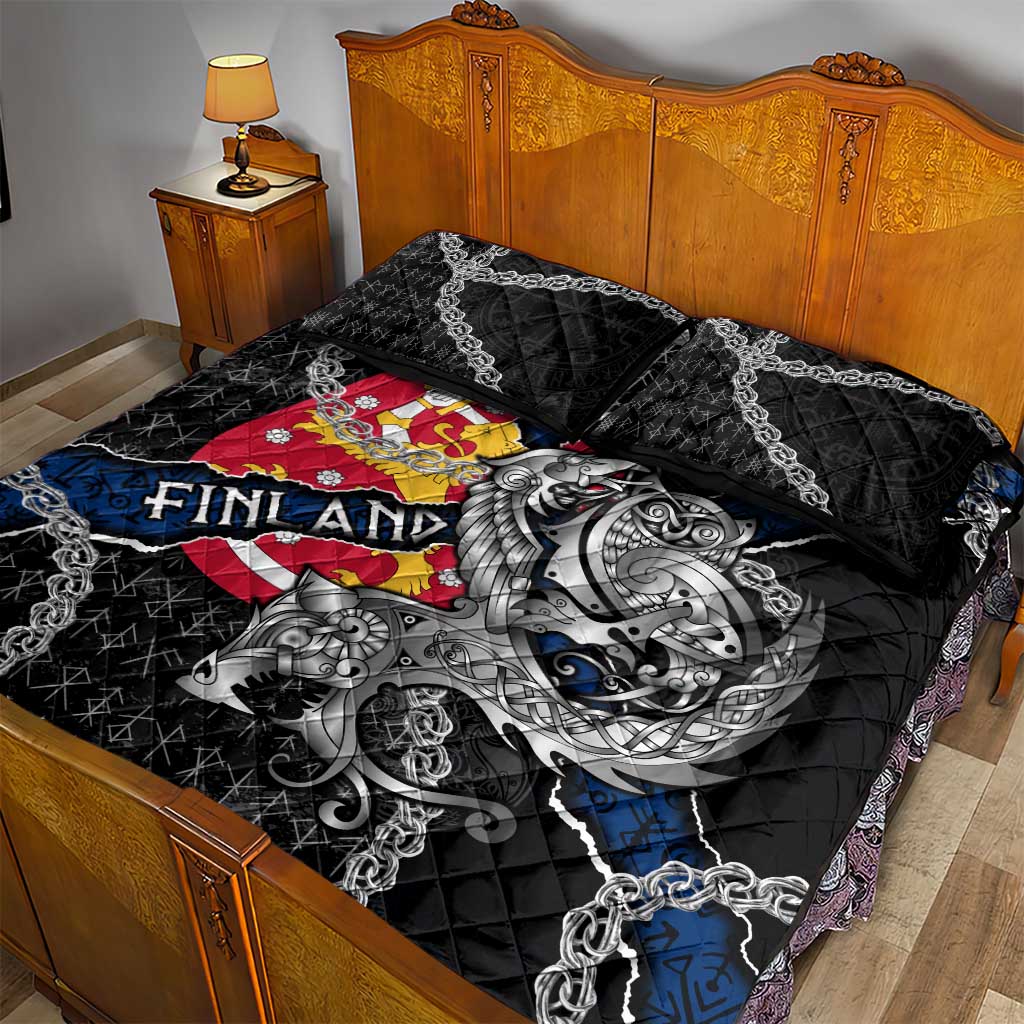Finland Vikings Quilt Bed Set Nordic Lion Bound in Runes and Chains