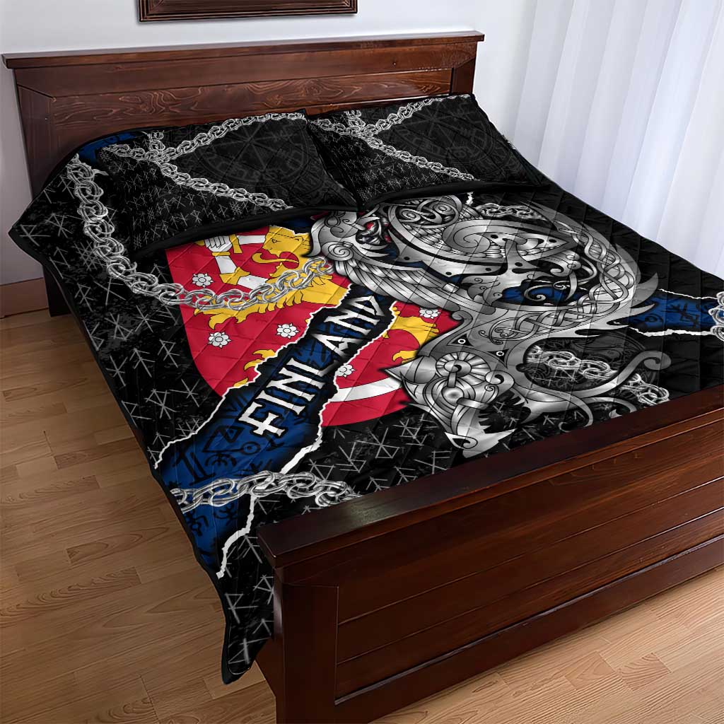 Finland Vikings Quilt Bed Set Nordic Lion Bound in Runes and Chains