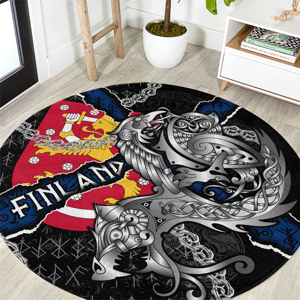 Finland Vikings Round Carpet Nordic Lion Bound in Runes and Chains