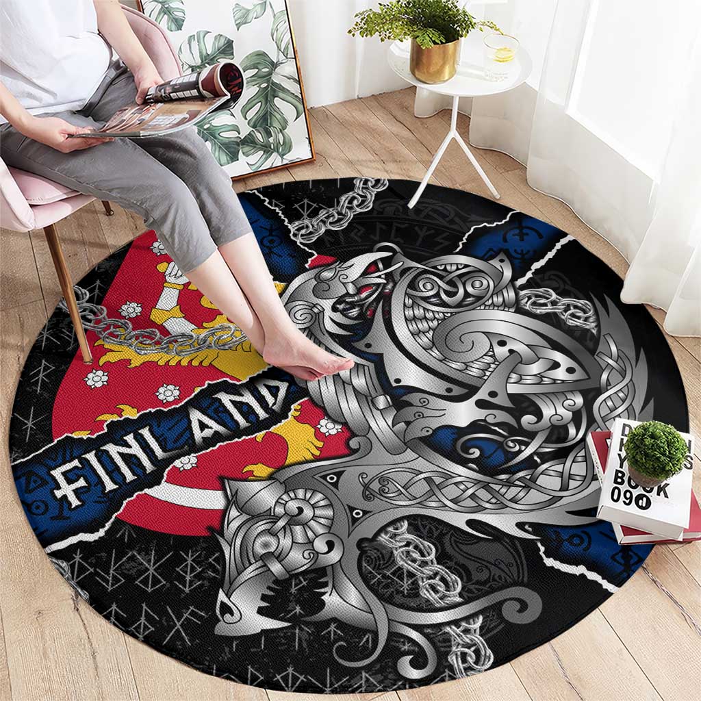 Finland Vikings Round Carpet Nordic Lion Bound in Runes and Chains