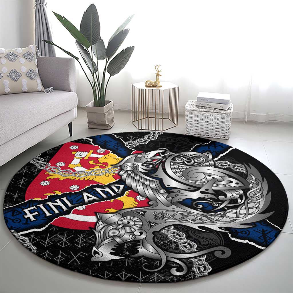 Finland Vikings Round Carpet Nordic Lion Bound in Runes and Chains