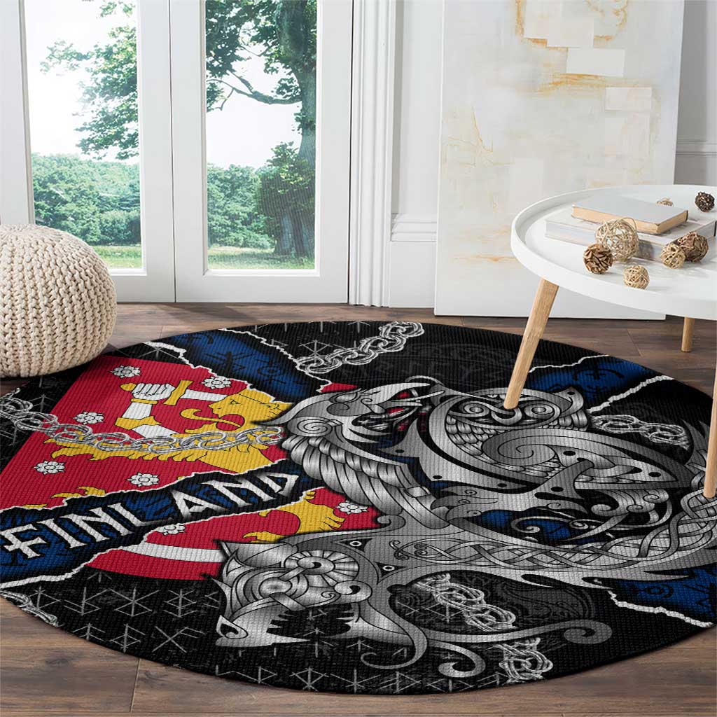 Finland Vikings Round Carpet Nordic Lion Bound in Runes and Chains