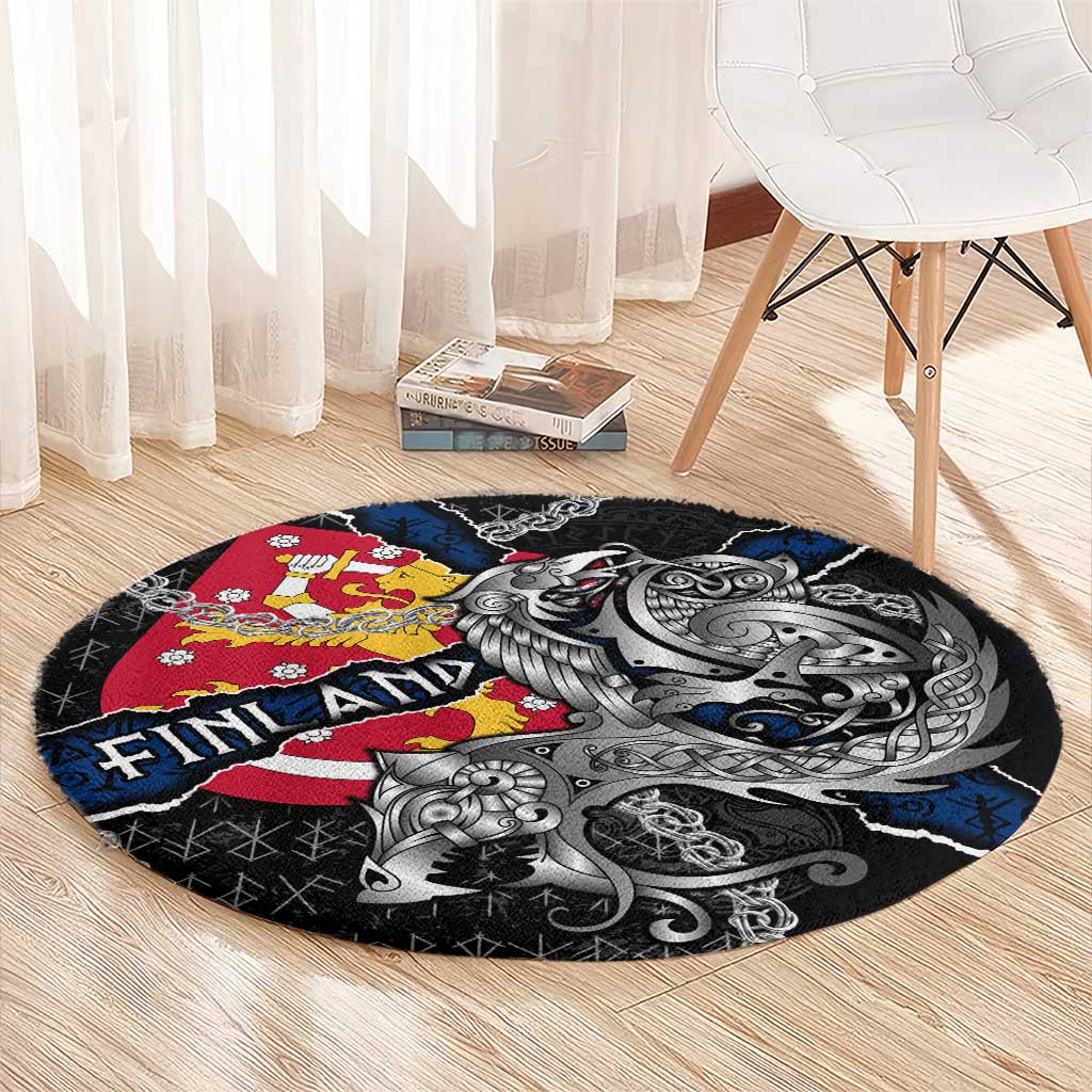 Finland Vikings Round Carpet Nordic Lion Bound in Runes and Chains