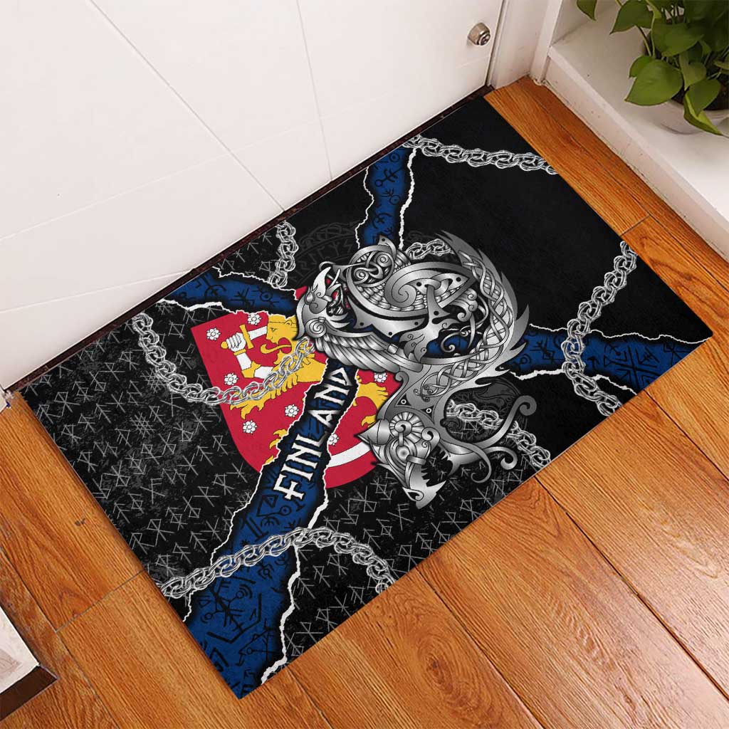 Finland Vikings Rubber Doormat Nordic Lion Bound in Runes and Chains