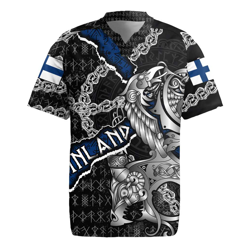 Personalized Finland Vikings Rugby Jersey Nordic Lion Bound in Runes and Chains
