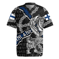 Personalized Finland Vikings Rugby Jersey Nordic Lion Bound in Runes and Chains