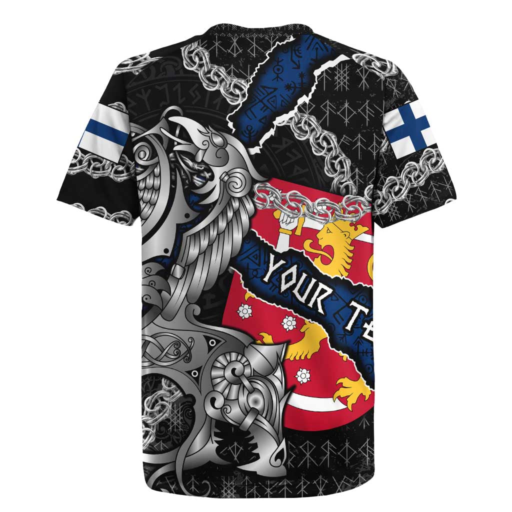 Personalized Finland Vikings Rugby Jersey Nordic Lion Bound in Runes and Chains