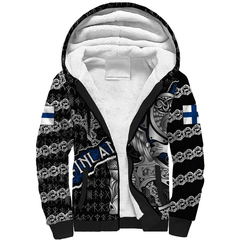 Personalized Finland Vikings Sherpa Hoodie Nordic Lion Bound in Runes and Chains