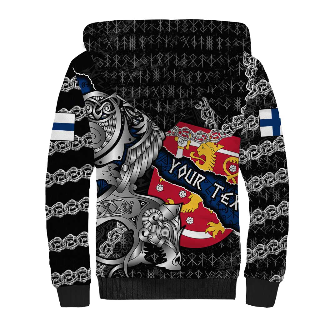 Personalized Finland Vikings Sherpa Hoodie Nordic Lion Bound in Runes and Chains