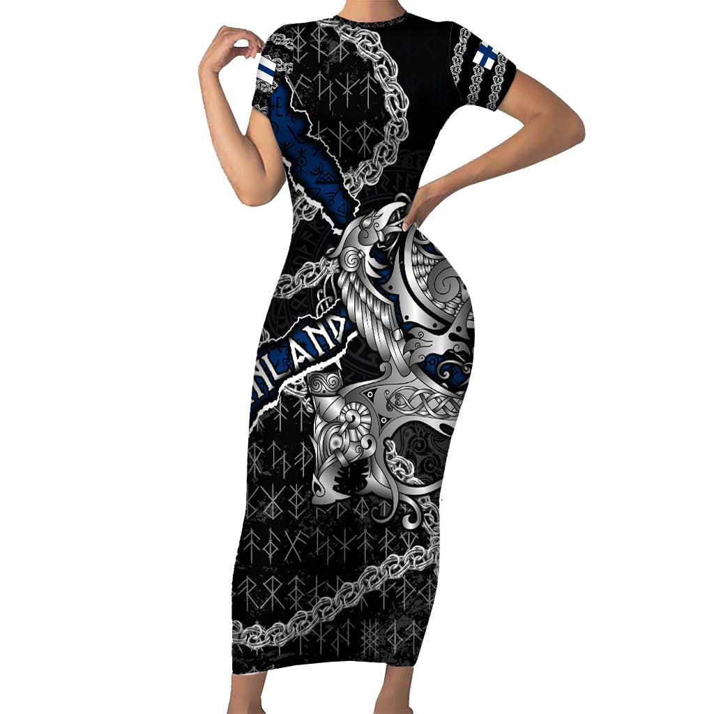 Personalized Finland Vikings Short Sleeve Bodycon Dress Nordic Lion Bound in Runes and Chains