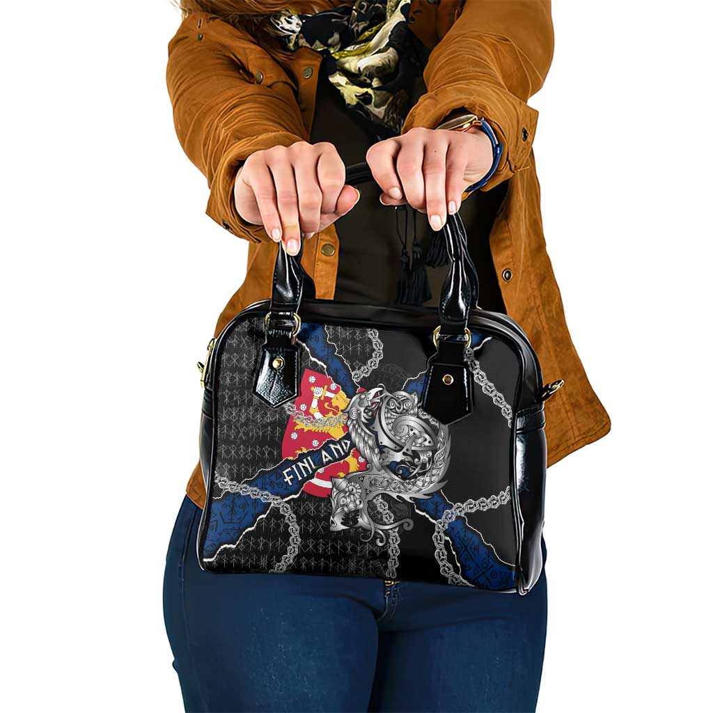 Finland Vikings Shoulder Handbag Nordic Lion Bound in Runes and Chains