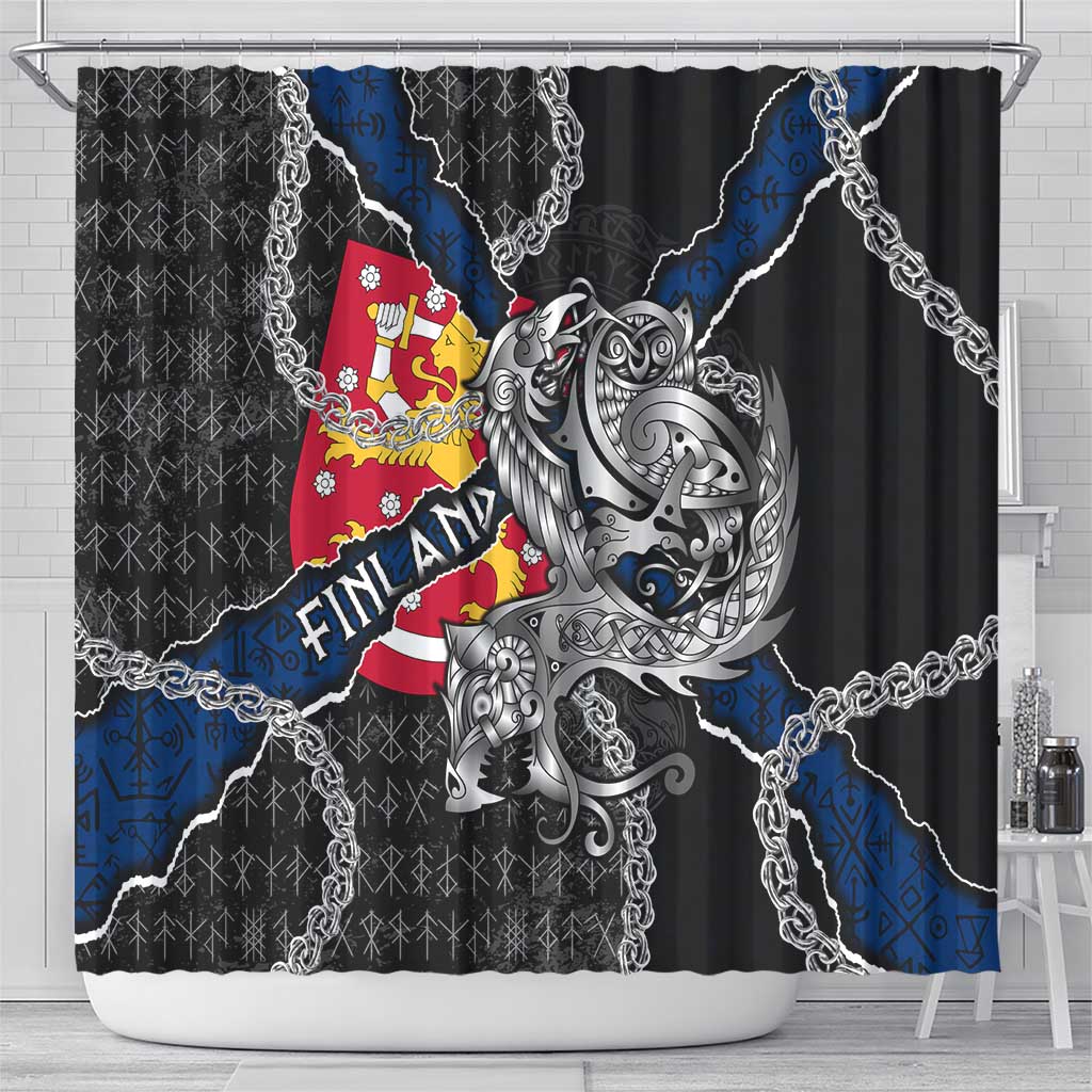 Finland Vikings Shower Curtain Nordic Lion Bound in Runes and Chains