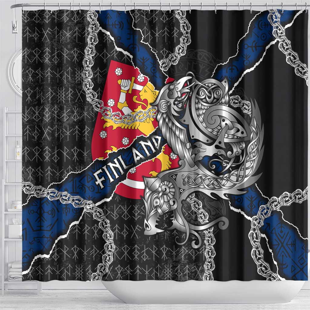 Finland Vikings Shower Curtain Nordic Lion Bound in Runes and Chains