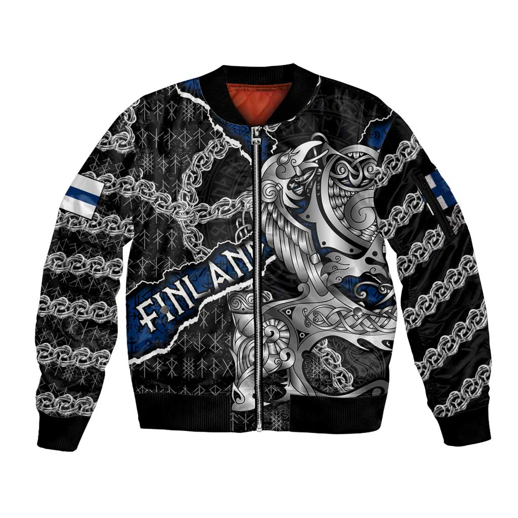 Personalized Finland Vikings Sleeve Zip Bomber Jacket Nordic Lion Bound in Runes and Chains