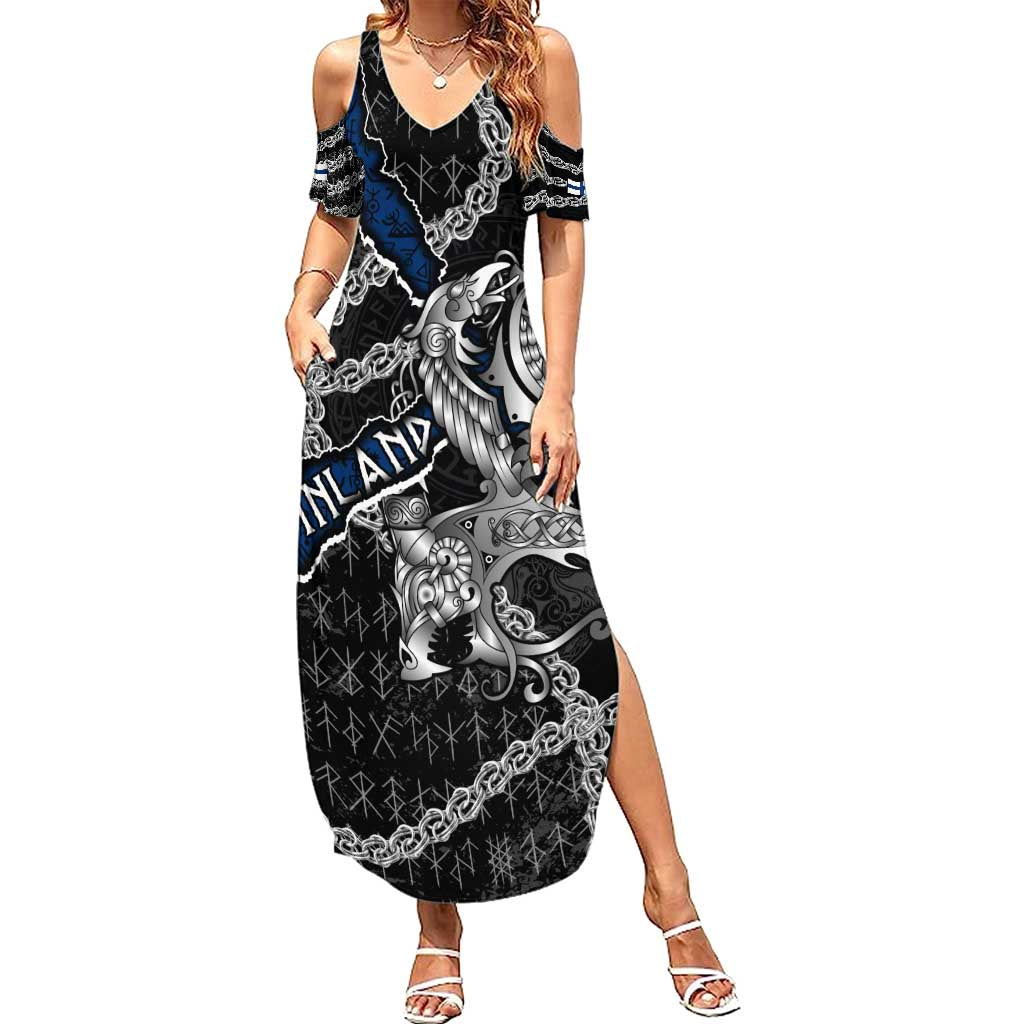 Personalized Finland Vikings Summer Maxi Dress Nordic Lion Bound in Runes and Chains