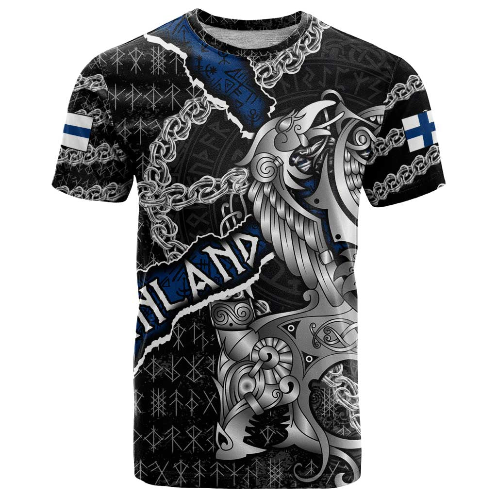 Personalized Finland Vikings T Shirt Nordic Lion Bound in Runes and Chains