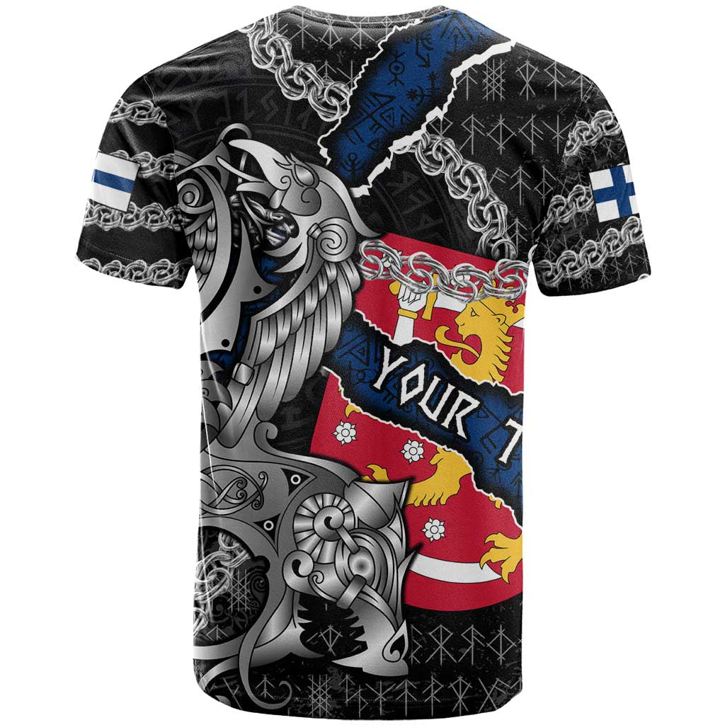 Personalized Finland Vikings T Shirt Nordic Lion Bound in Runes and Chains