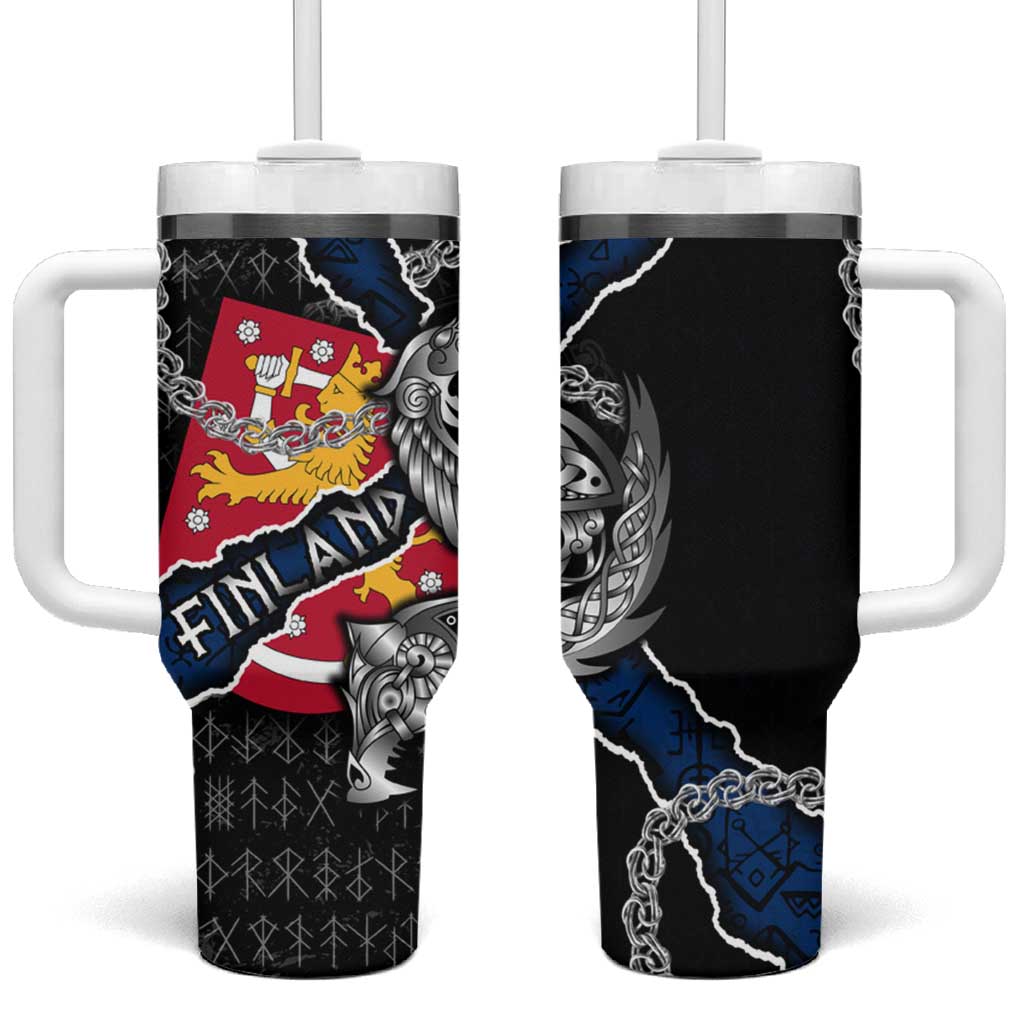 Finland Vikings Tumbler With Handle Nordic Lion Bound in Runes and Chains